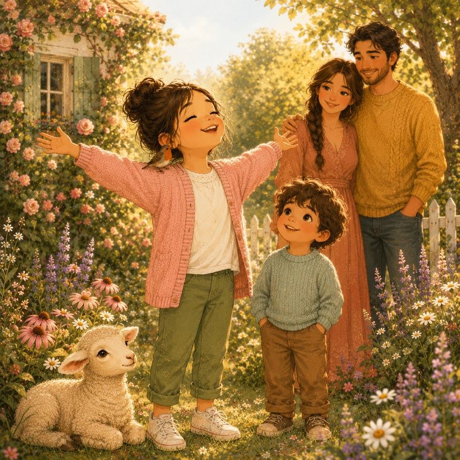 Illustration of the girl with arms open wide in a sunset meadow with her family