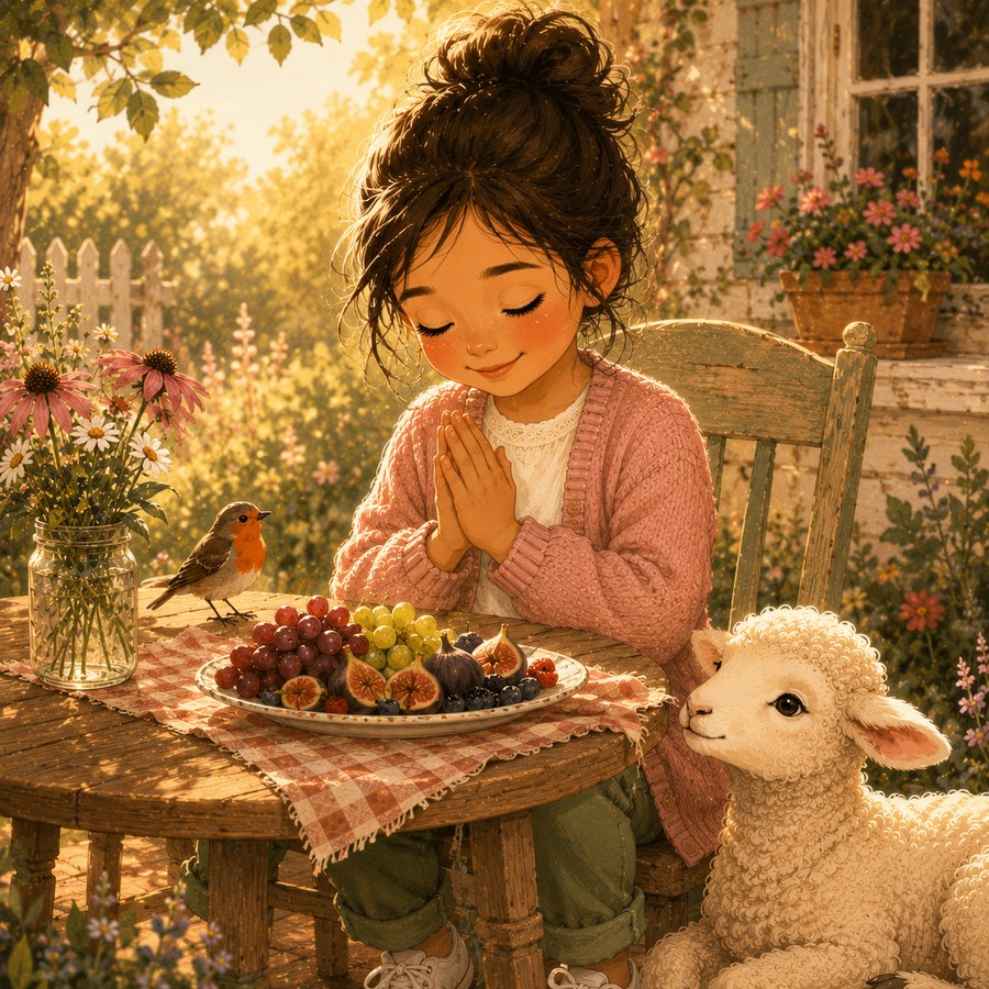 Illustration of the girl with hands folded in gratitude before a plate of fruit