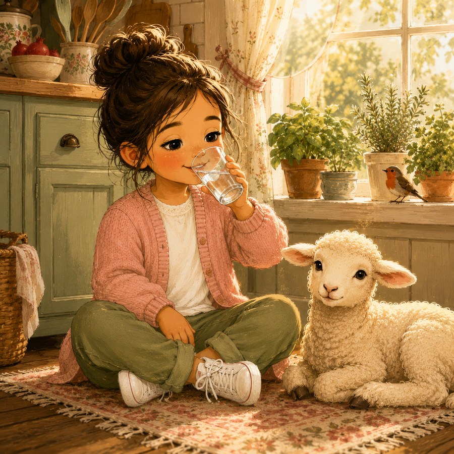Illustration of the girl drinking water beside her lamb