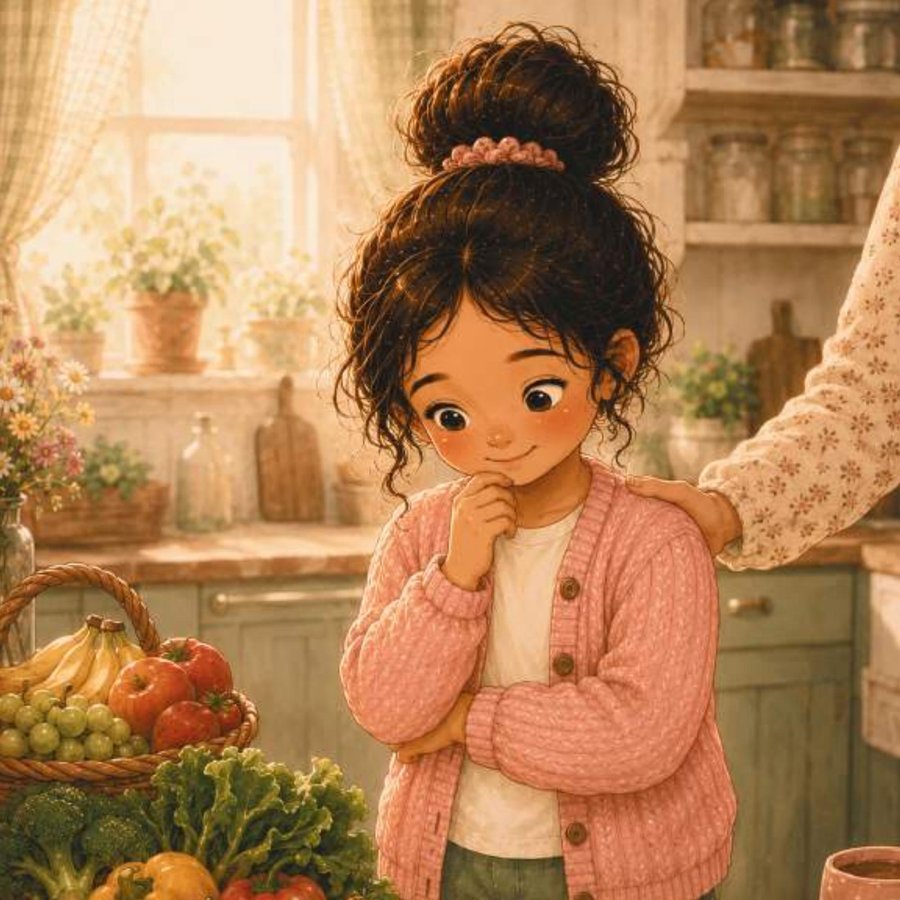 Illustration of the girl curiously looking at her open hands in a garden