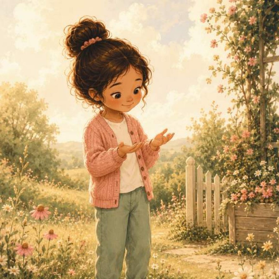 Illustration of the girl standing joyfully in a sunset meadow, arms open